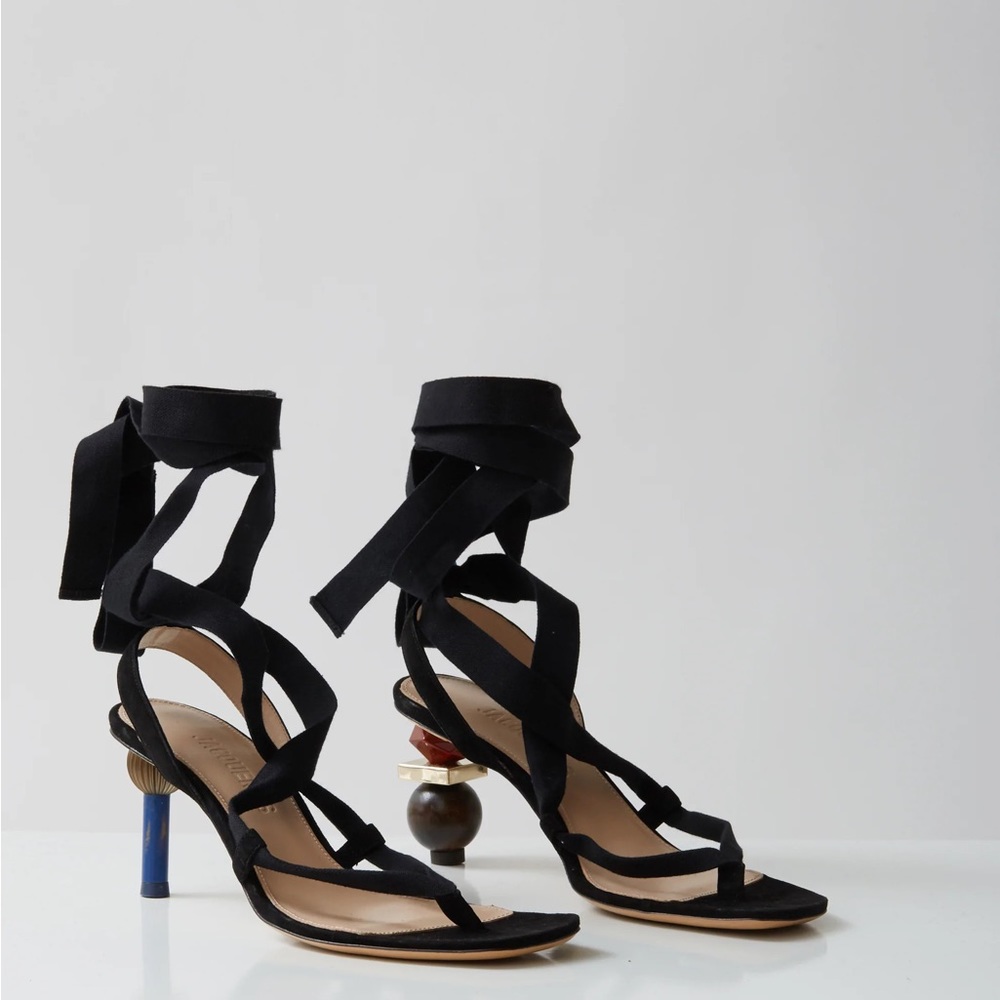 jacquemus size 36.5 le capri sandals in black w mismatched geometric heel shapes